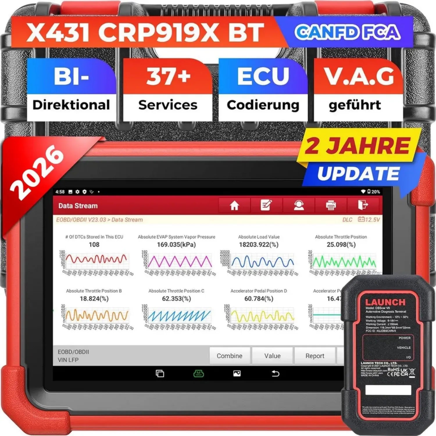 Launch X431 CRP919XBT Elite OBD2-Diagnosewerkzeug, kabelloses bidirektionales Scan-Tool 2025, ECU-Codierung, über 37 Dienste, umfassender Systemscann, FCA AutoAuth, V.A.G-Anleitung, CANFD DoIP, 2 Jahre Updates