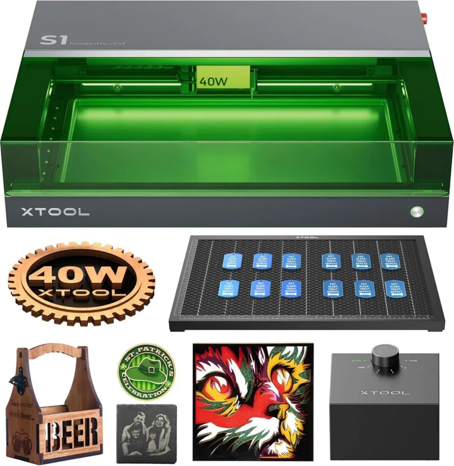 xTool S1 40W Laserschneider mit Luftunterstützung und Wabentisch, Autofokus, 600mm/s Geschwindigkeit, 498x319mm Bearbeitungsfläche für Serienfertigung in Holz, Metall und Acryl