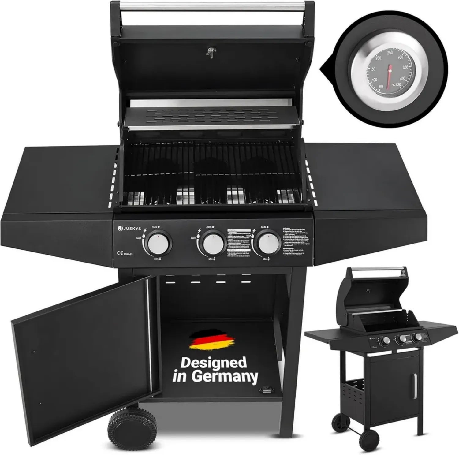 Juskys Gasgrill Louisiana mit 3 Brennern - 8,1 kW BBQ Wagen mit Thermometer