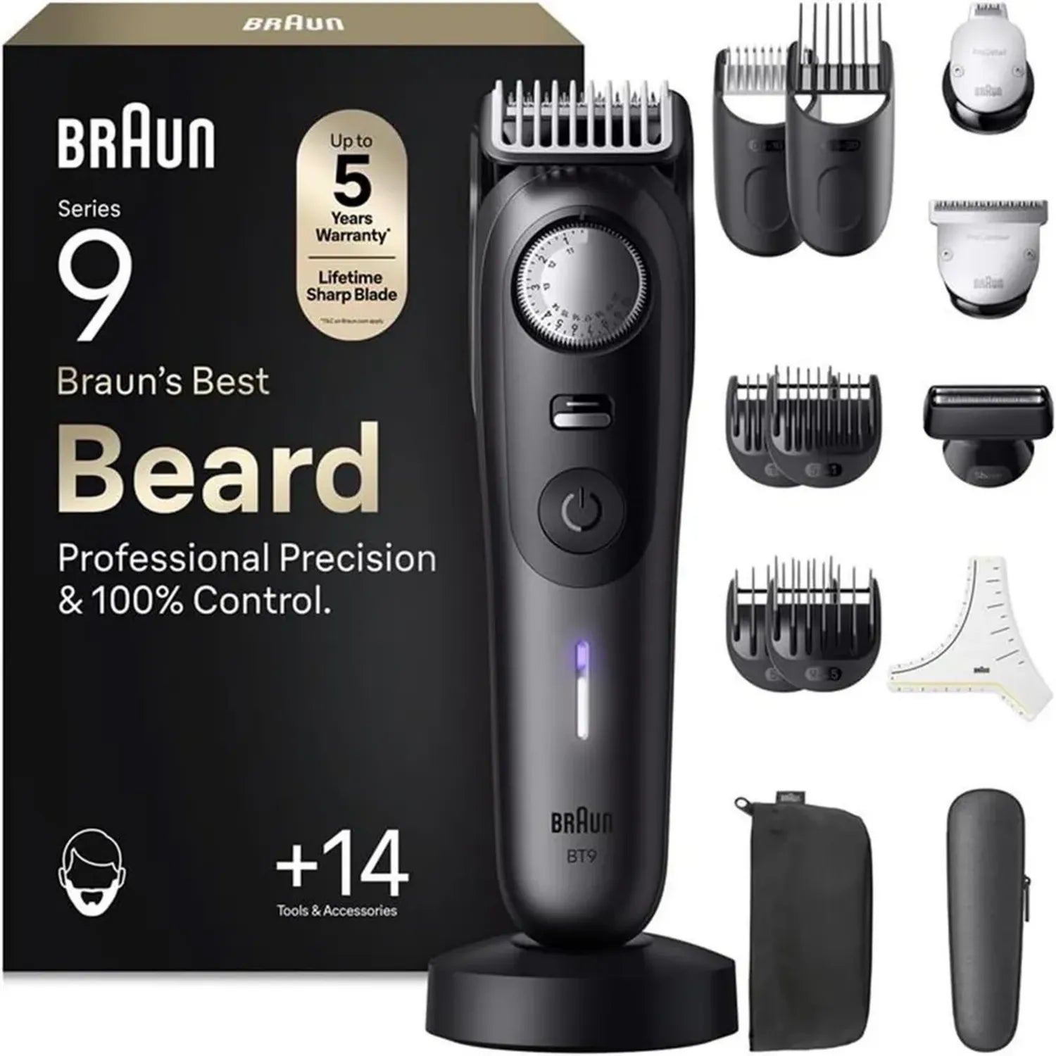 Braun Series 9 Barttrimmer für Herren, 14-teiliges Profi-Set, Ultrascharfe ProBlade Klinge, 180 Minuten kabellose Nutzung, Wasserdichter Rasierer, 52 Schnittlängen, Titan, Modell BT9565